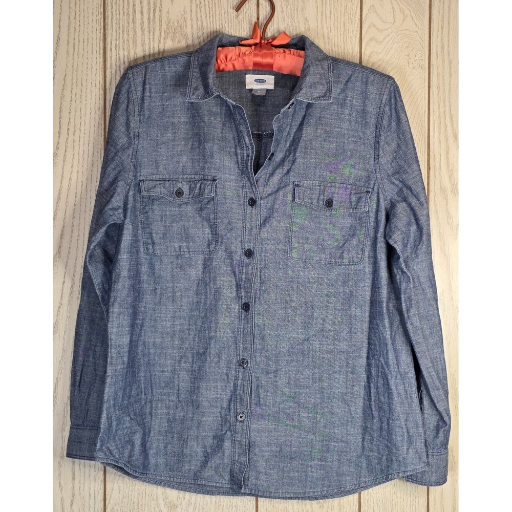 Old Navy Womens Blue Chambray Long Sleeve Button Down Shirt Size M 100% Cotton